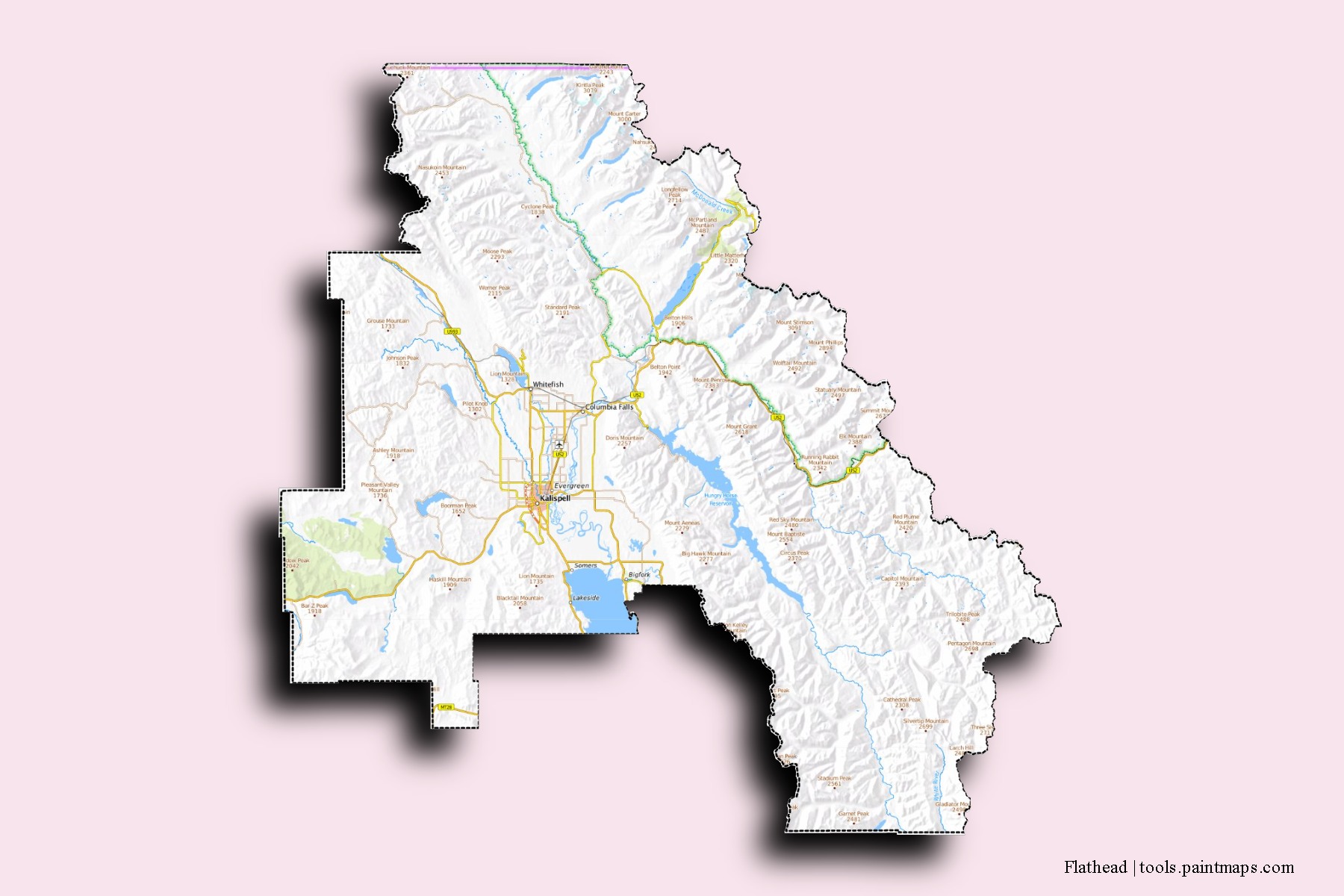 3D gölge efektli Flathead mahalleleri ve köyleri haritası
