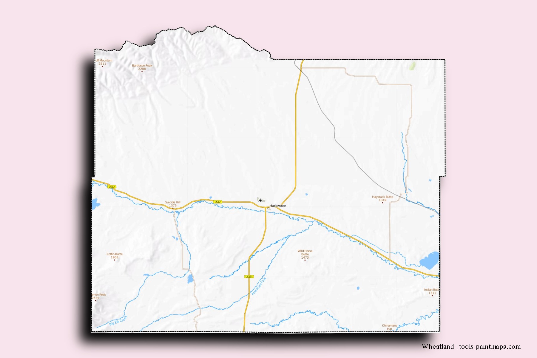 Mapa de barrios y pueblos de Wheatland con efecto de sombra 3D