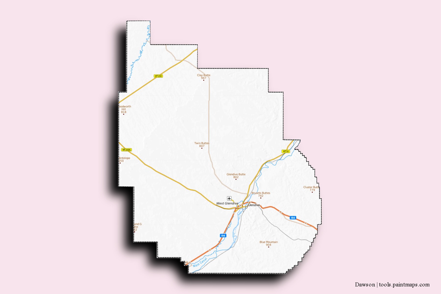 Dawson neighborhoods and villages map with 3D shadow effect