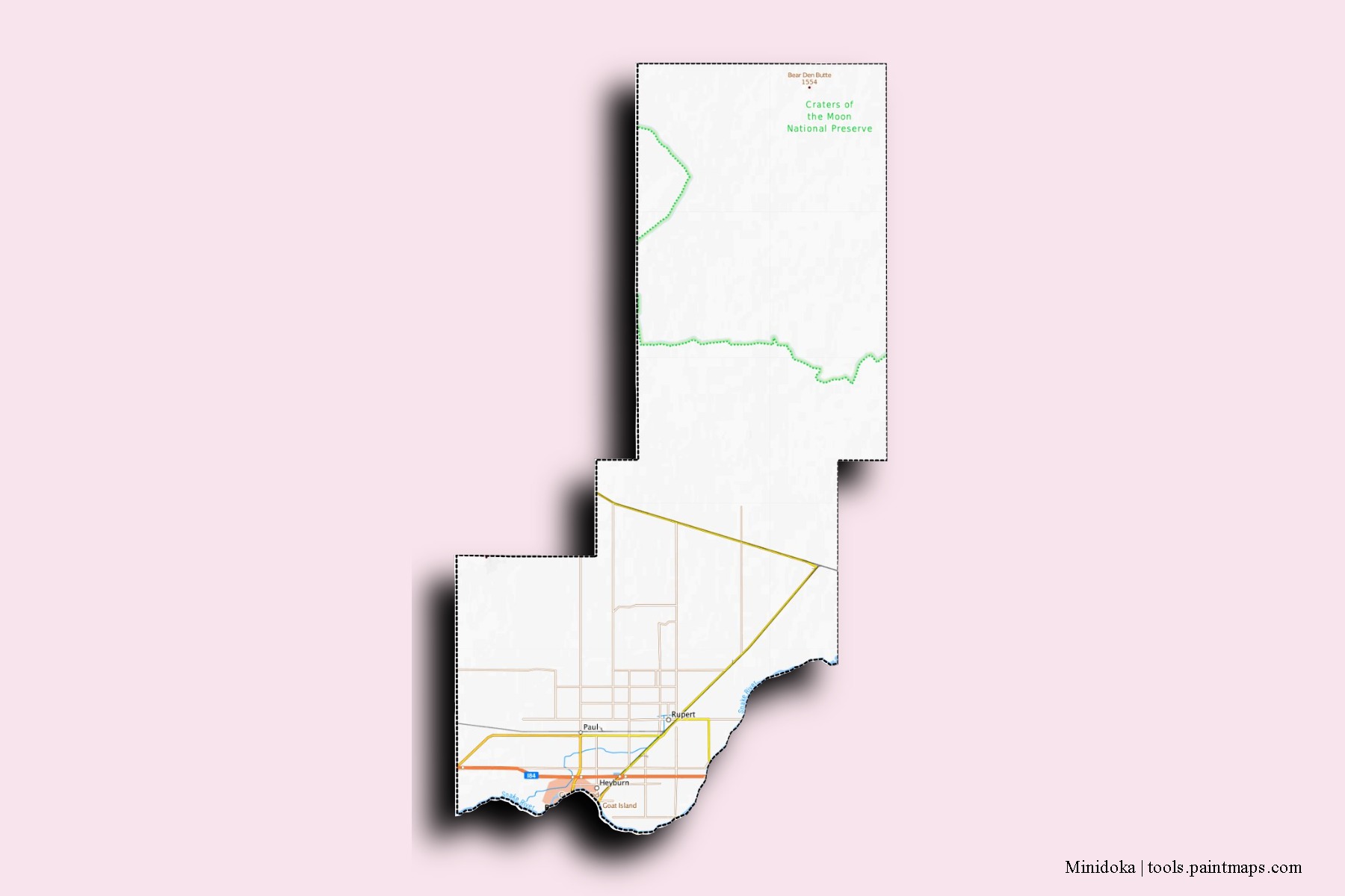 Minidoka neighborhoods and villages map with 3D shadow effect