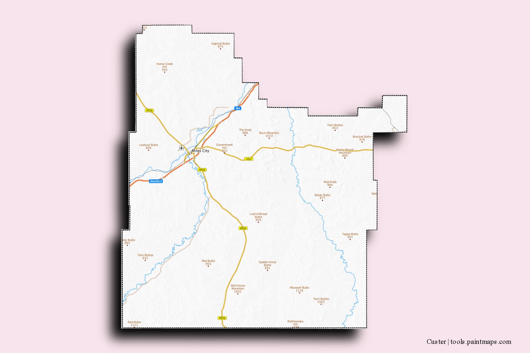 Mapa de barrios y pueblos de Custer con efecto de sombra 3D