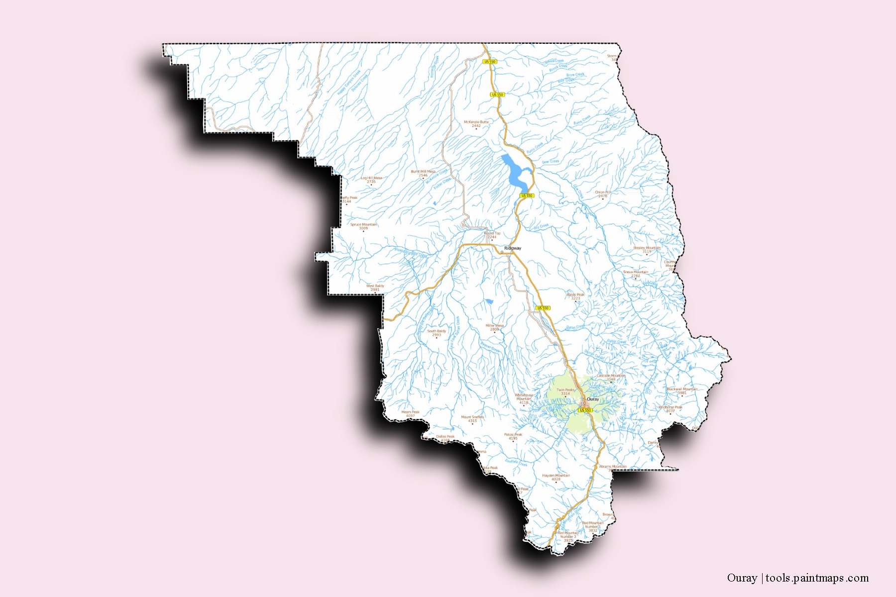 Ouray neighborhoods and villages map with 3D shadow effect