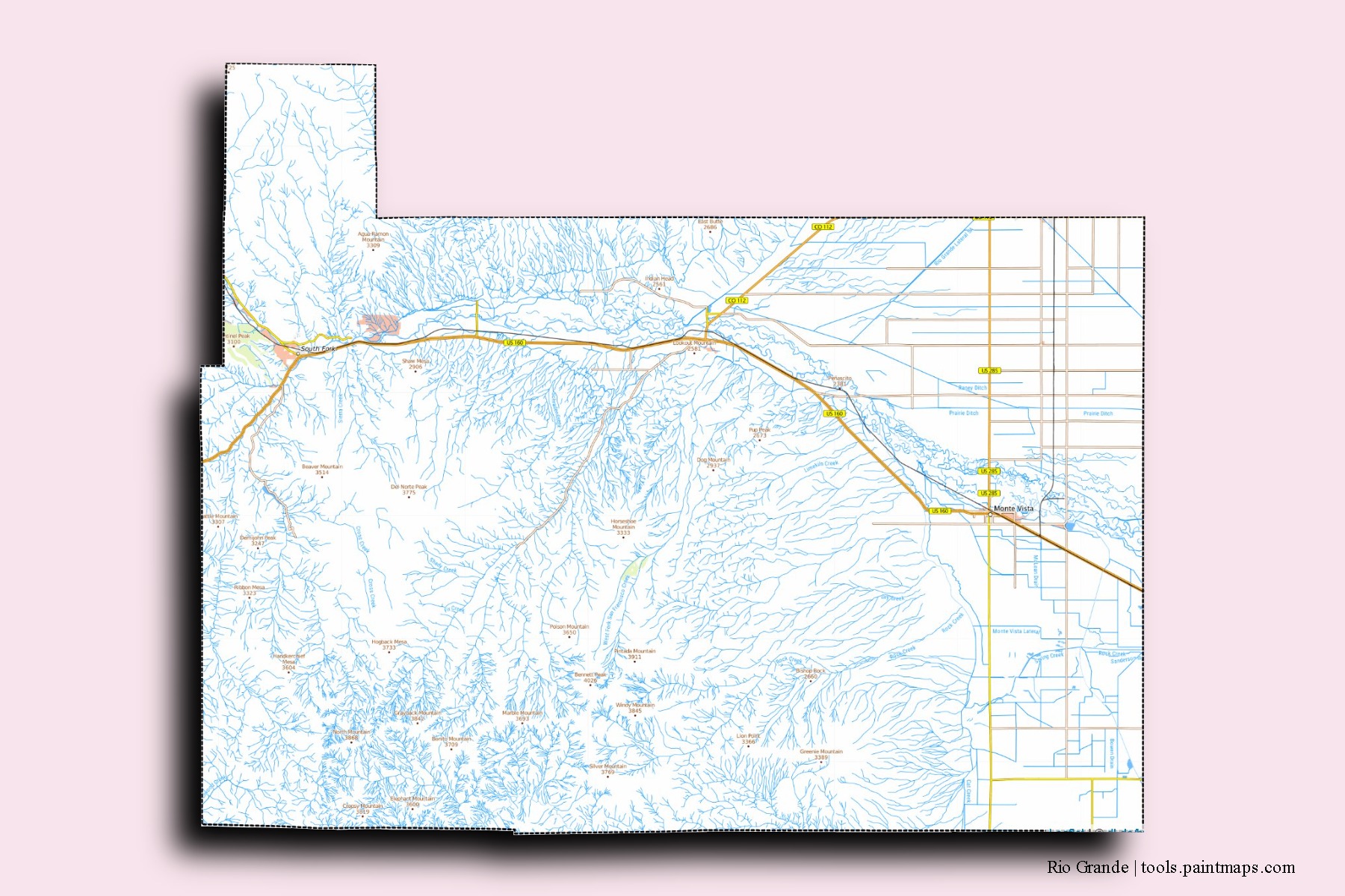 Rio Grande neighborhoods and villages map with 3D shadow effect