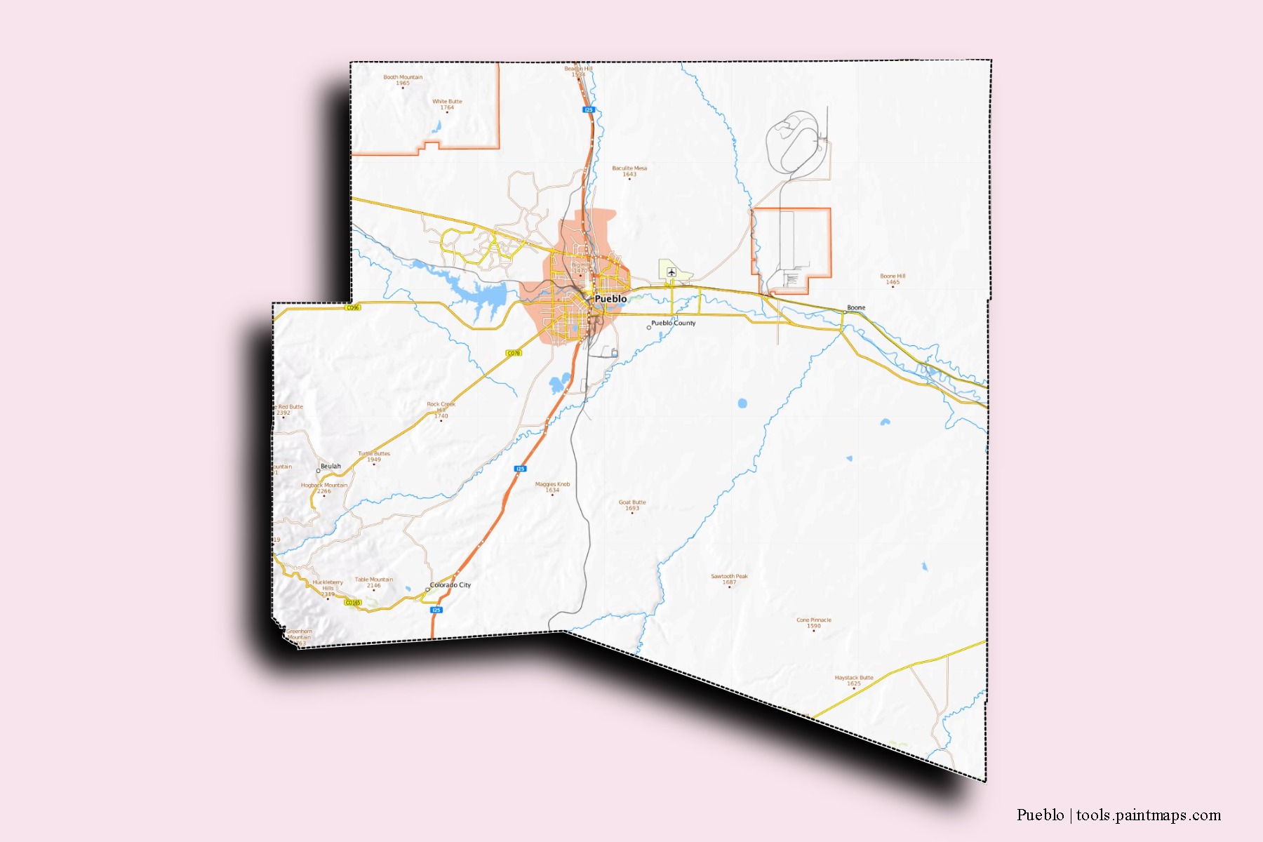 Mapa de barrios y pueblos de Pueblo con efecto de sombra 3D