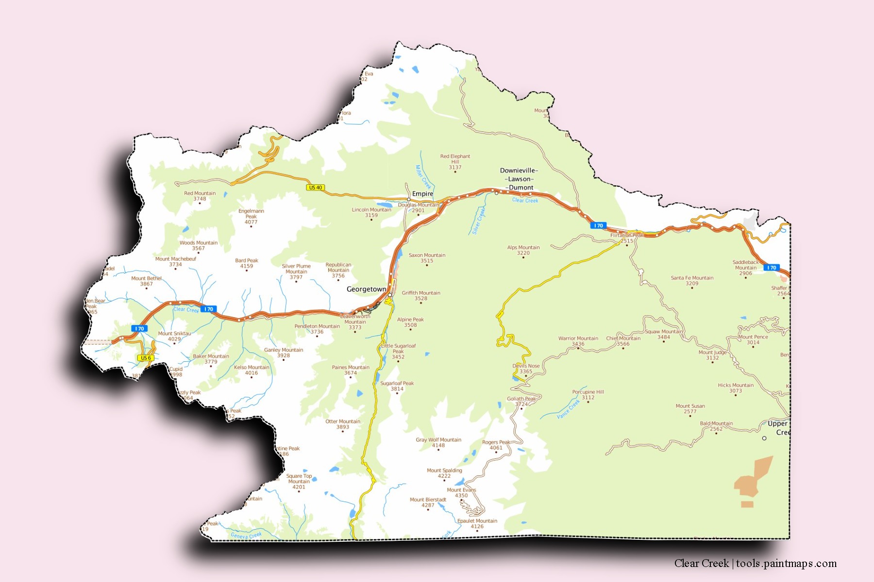 Clear Creek neighborhoods and villages map with 3D shadow effect