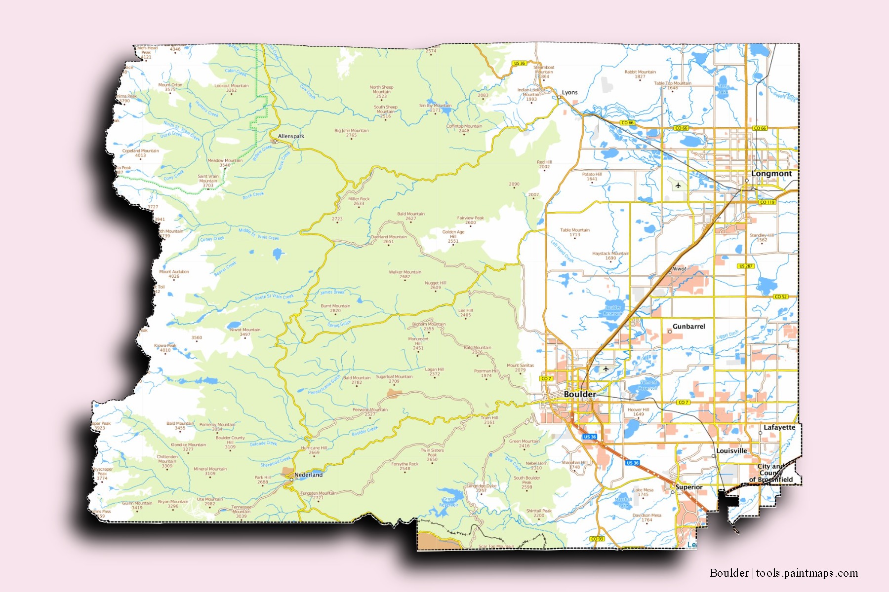 Boulder neighborhoods and villages map with 3D shadow effect