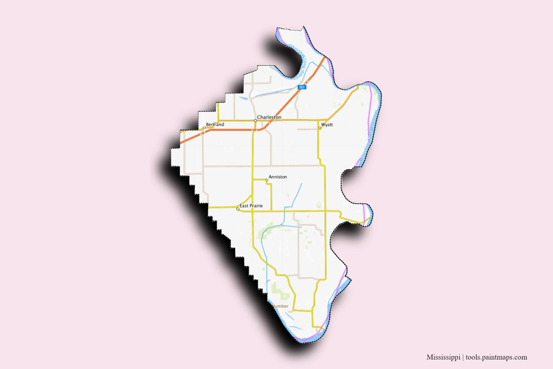 Mississippi neighborhoods and villages map with 3D shadow effect