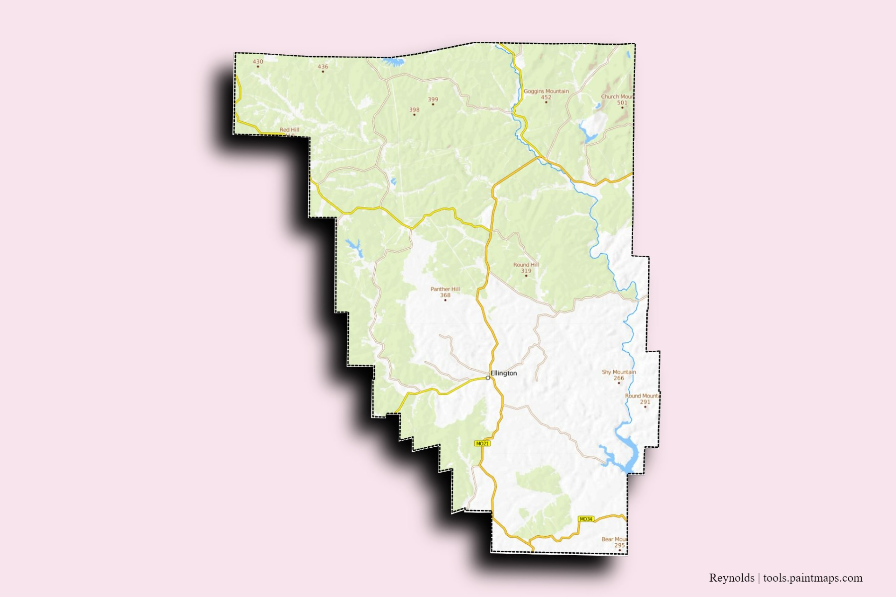 Reynolds neighborhoods and villages map with 3D shadow effect