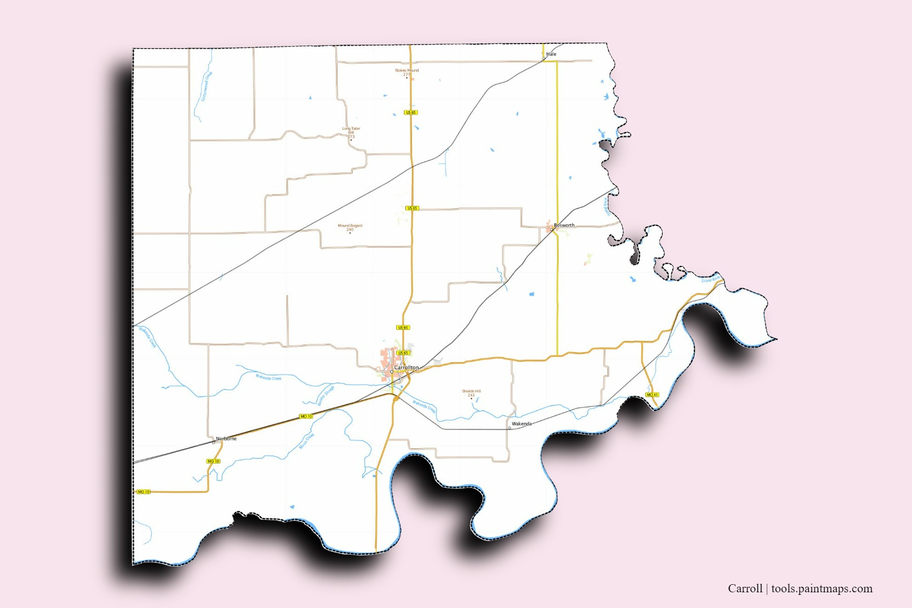 Carroll neighborhoods and villages map with 3D shadow effect