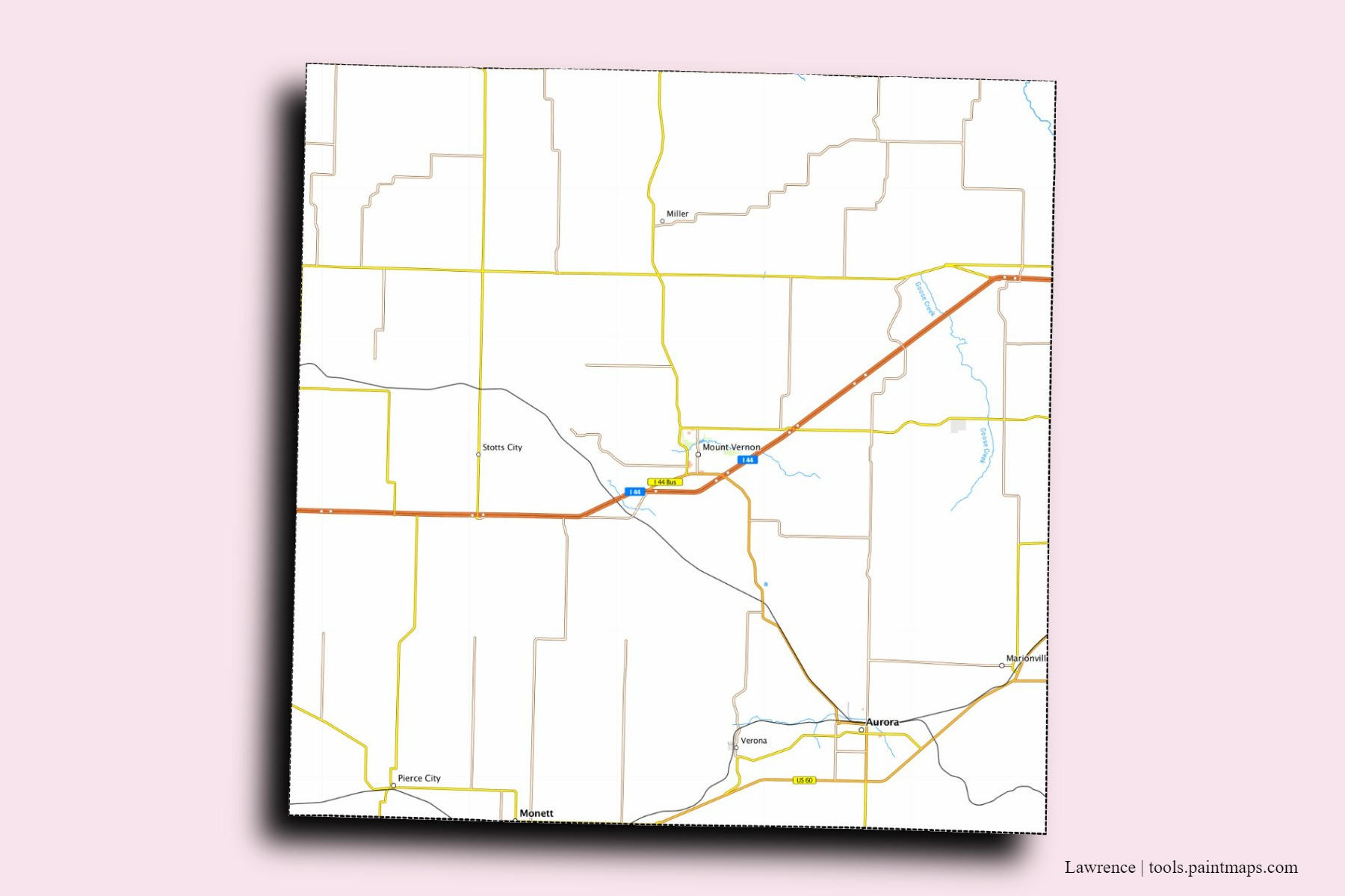 Lawrence neighborhoods and villages map with 3D shadow effect