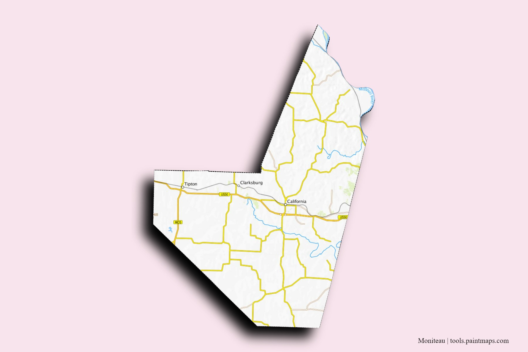 Moniteau neighborhoods and villages map with 3D shadow effect