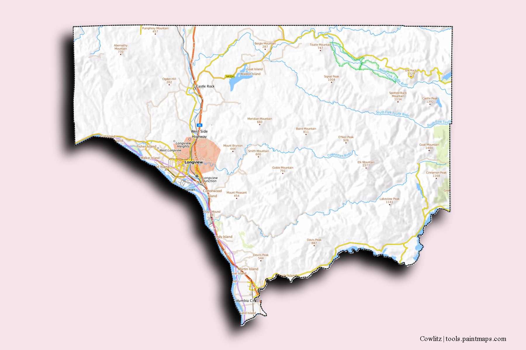 Cowlitz neighborhoods and villages map with 3D shadow effect