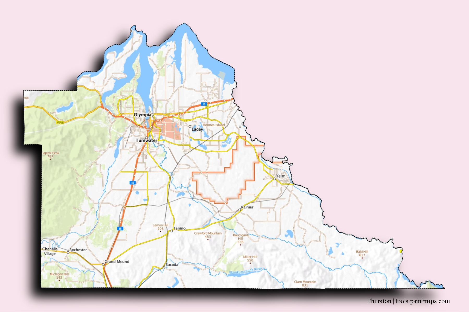 Thurston neighborhoods and villages map with 3D shadow effect