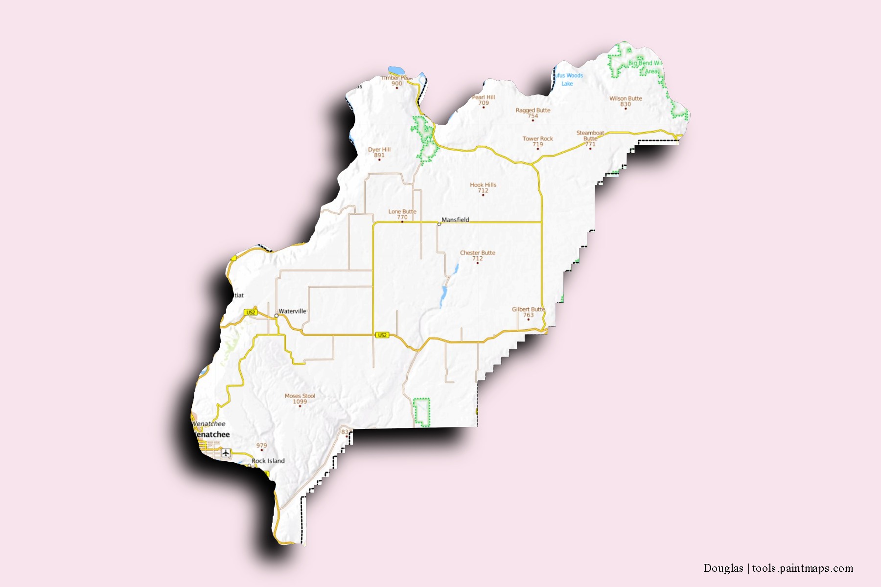 Douglas neighborhoods and villages map with 3D shadow effect