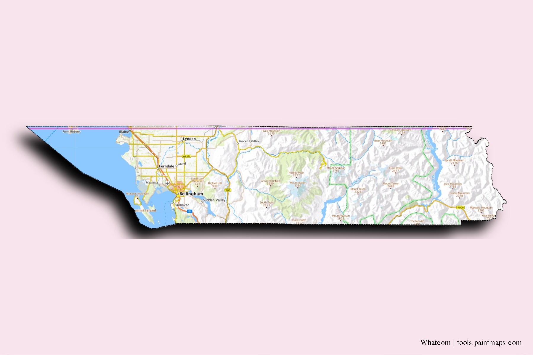 Mapa de barrios y pueblos de Whatcom con efecto de sombra 3D