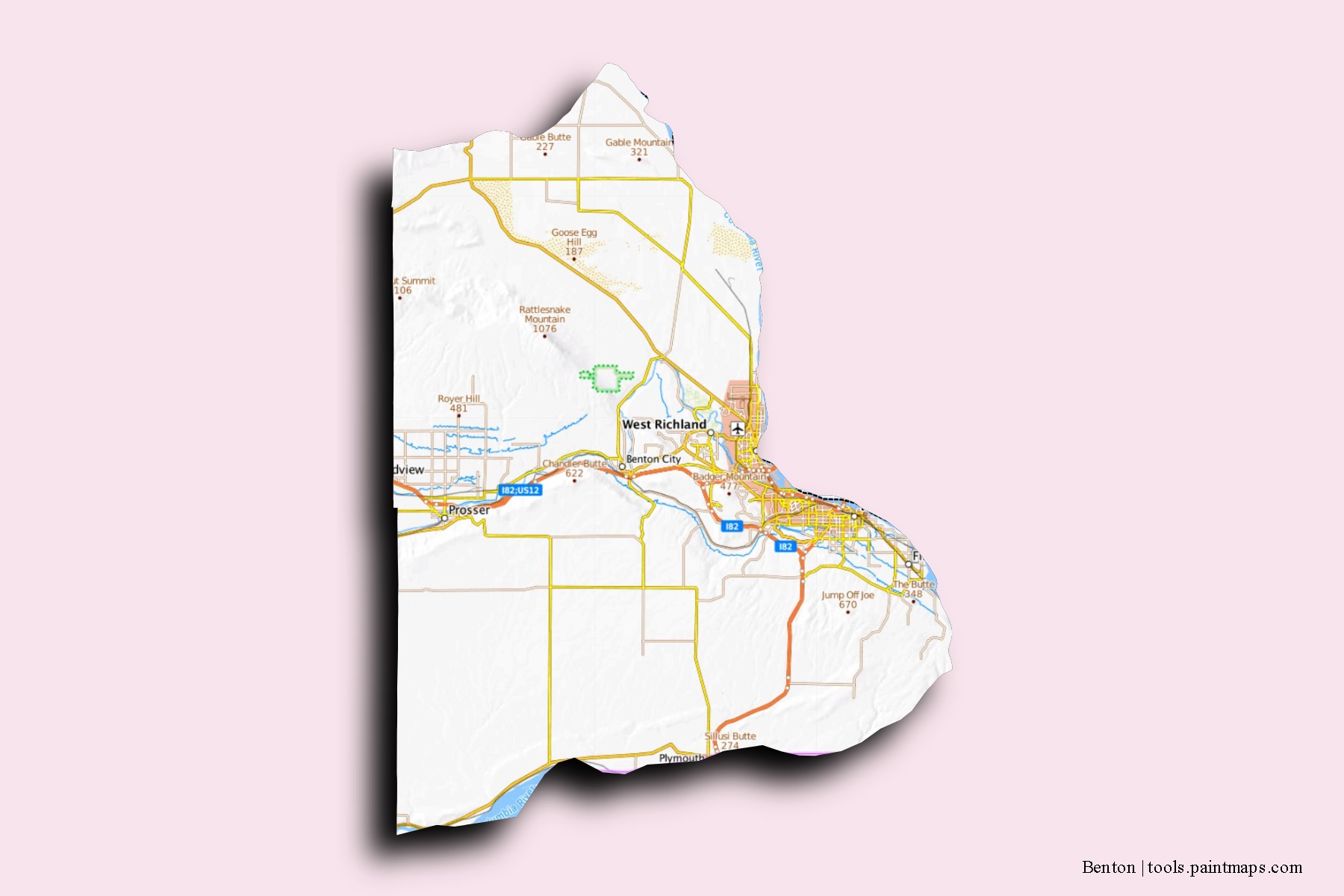 Benton neighborhoods and villages map with 3D shadow effect