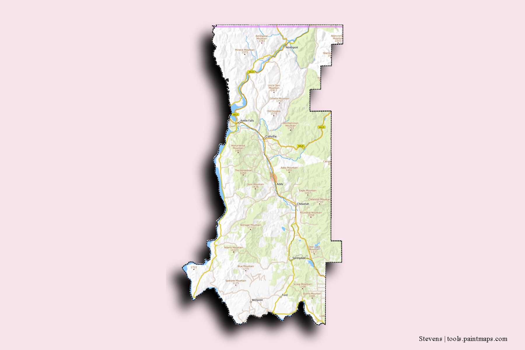 3D gölge efektli Stevens County mahalleleri ve köyleri haritası