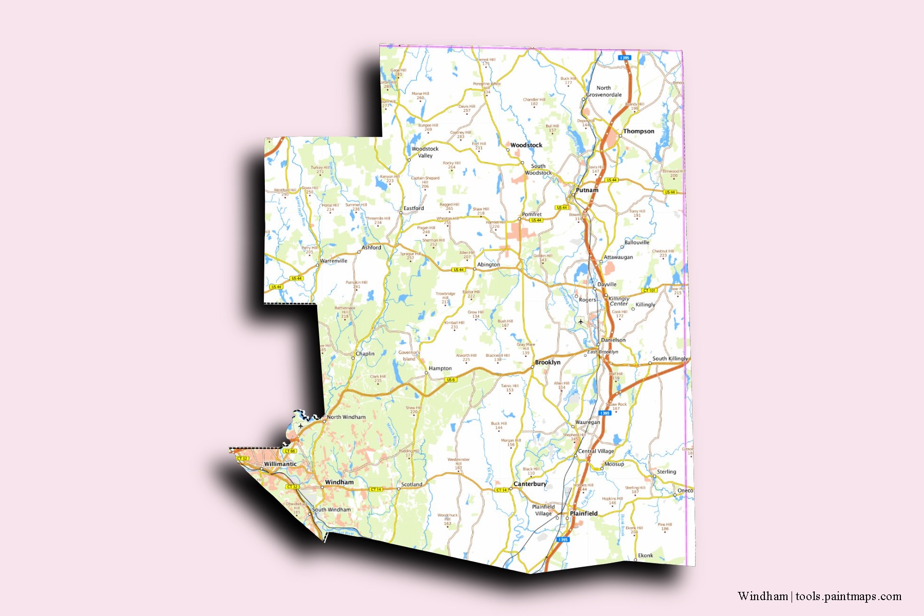 Mapa de barrios y pueblos de Windham con efecto de sombra 3D