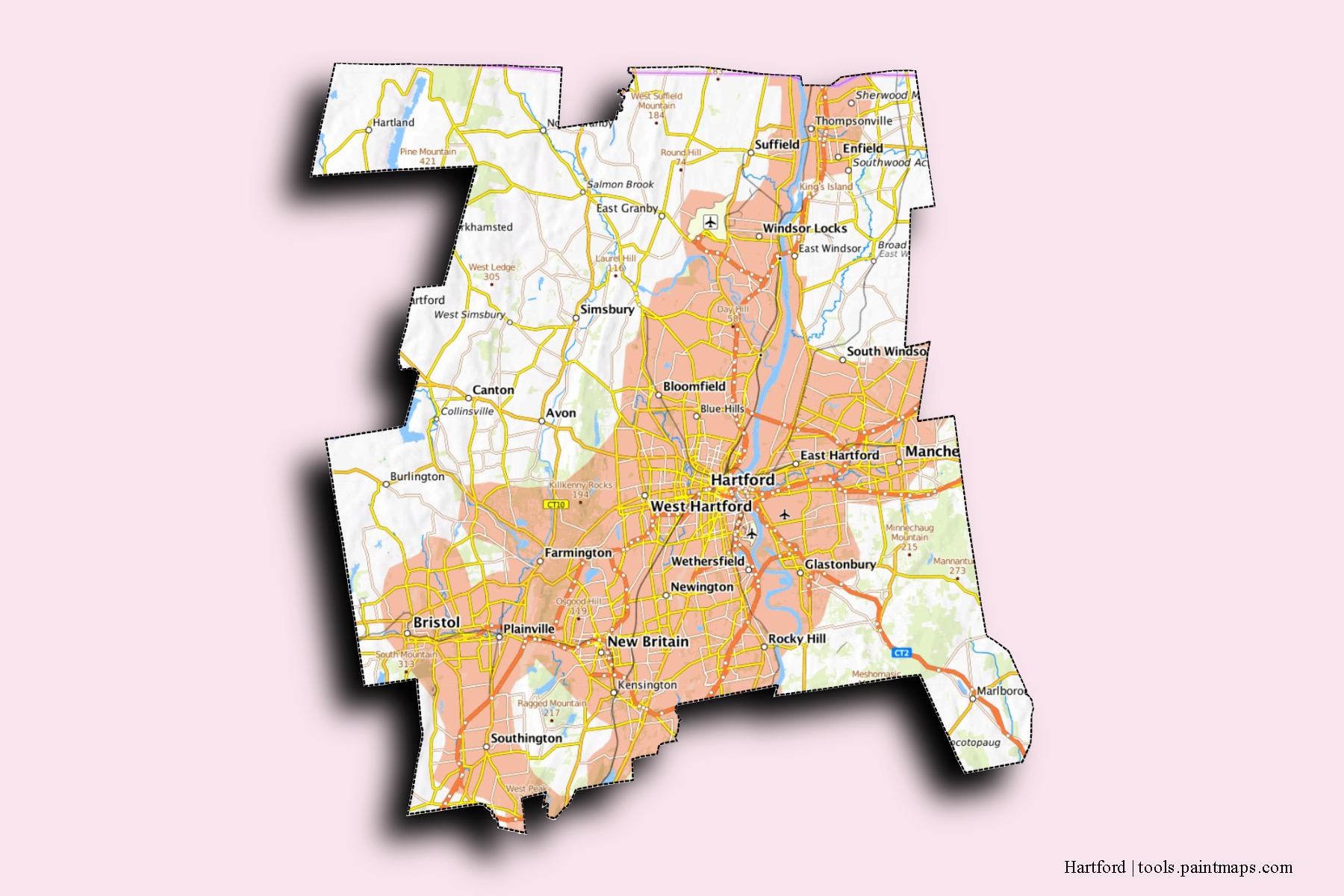 3D gölge efektli Hartford County mahalleleri ve köyleri haritası