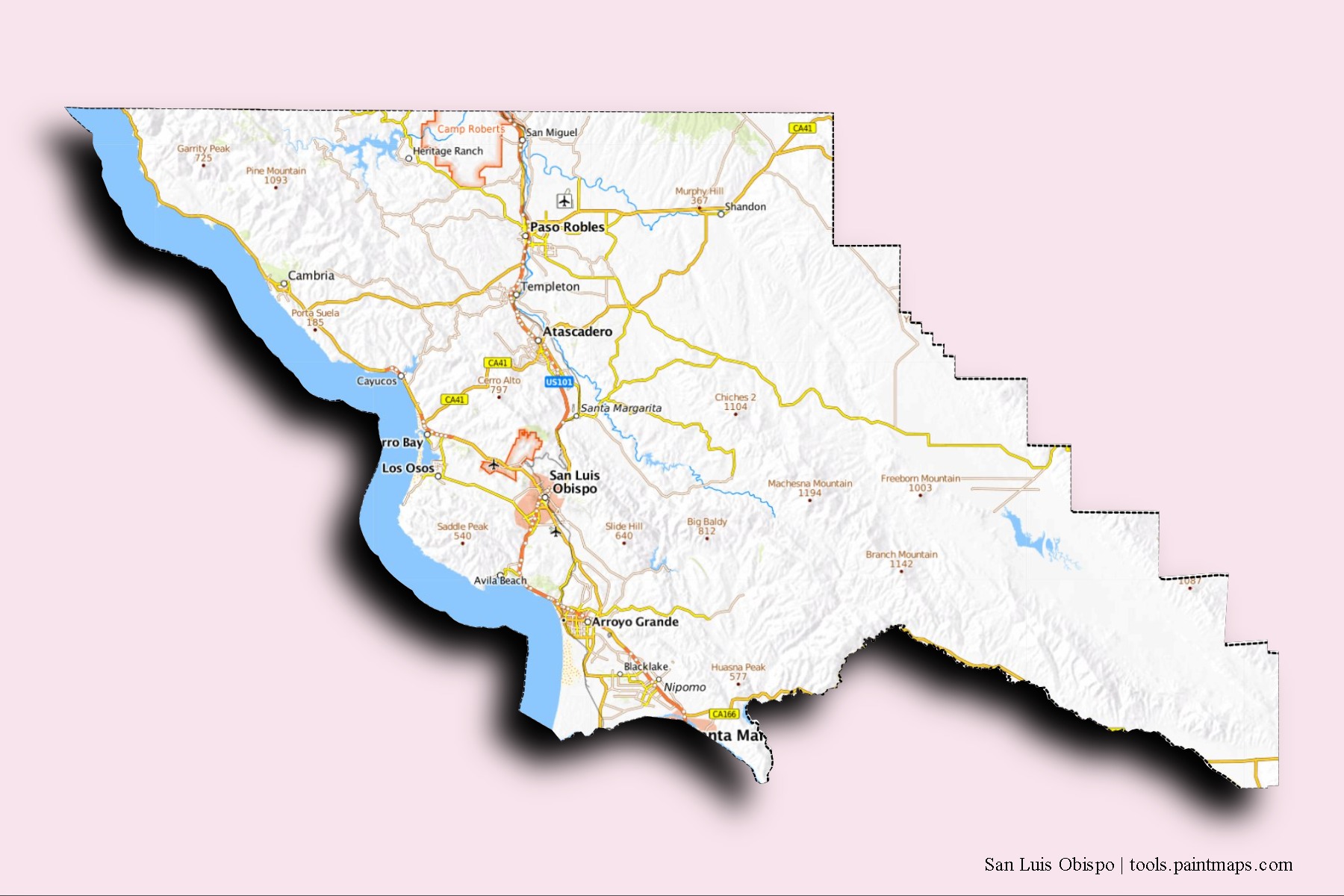 Mapa de barrios y pueblos de San Luis Obispo con efecto de sombra 3D