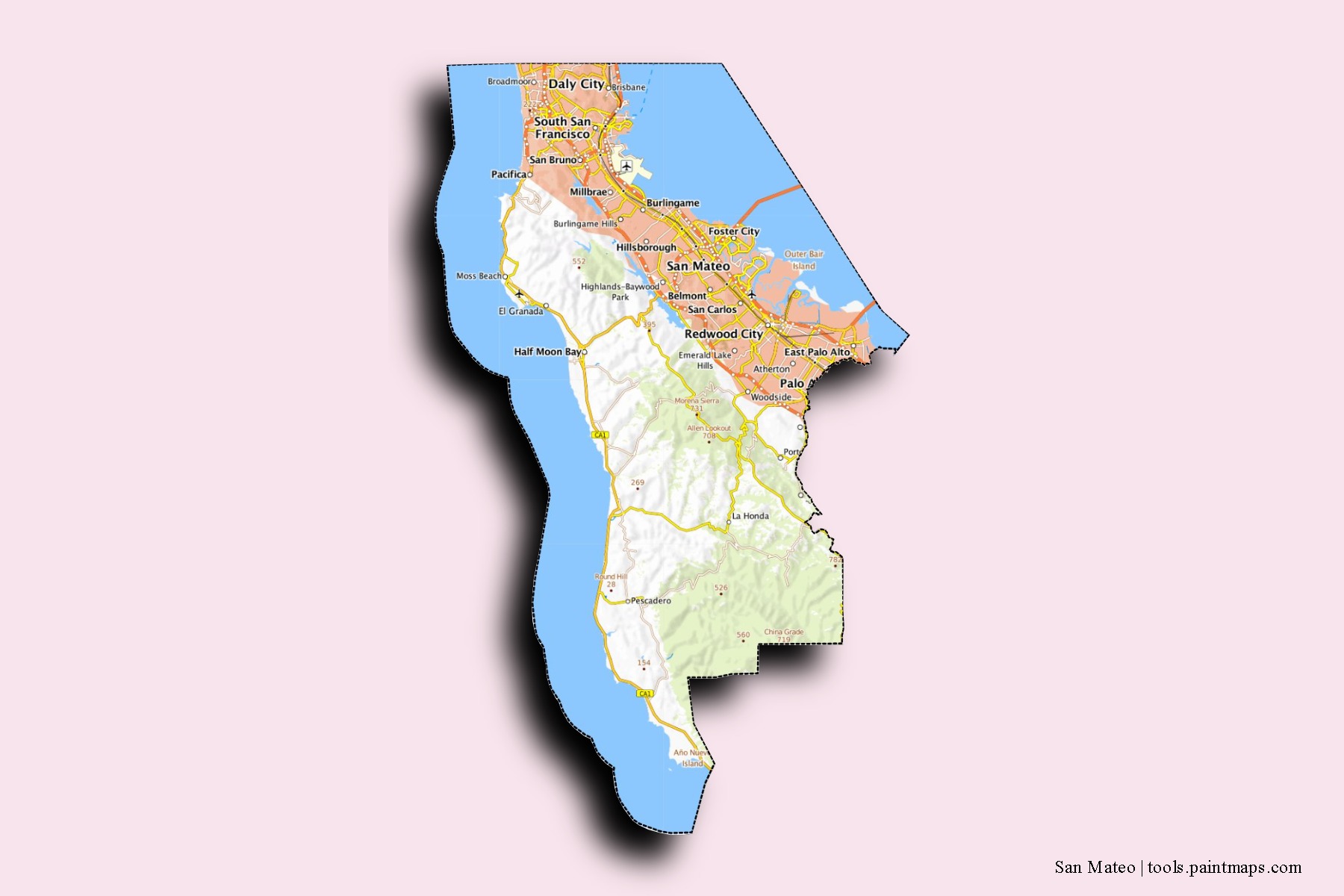 San Mateo neighborhoods and villages map with 3D shadow effect