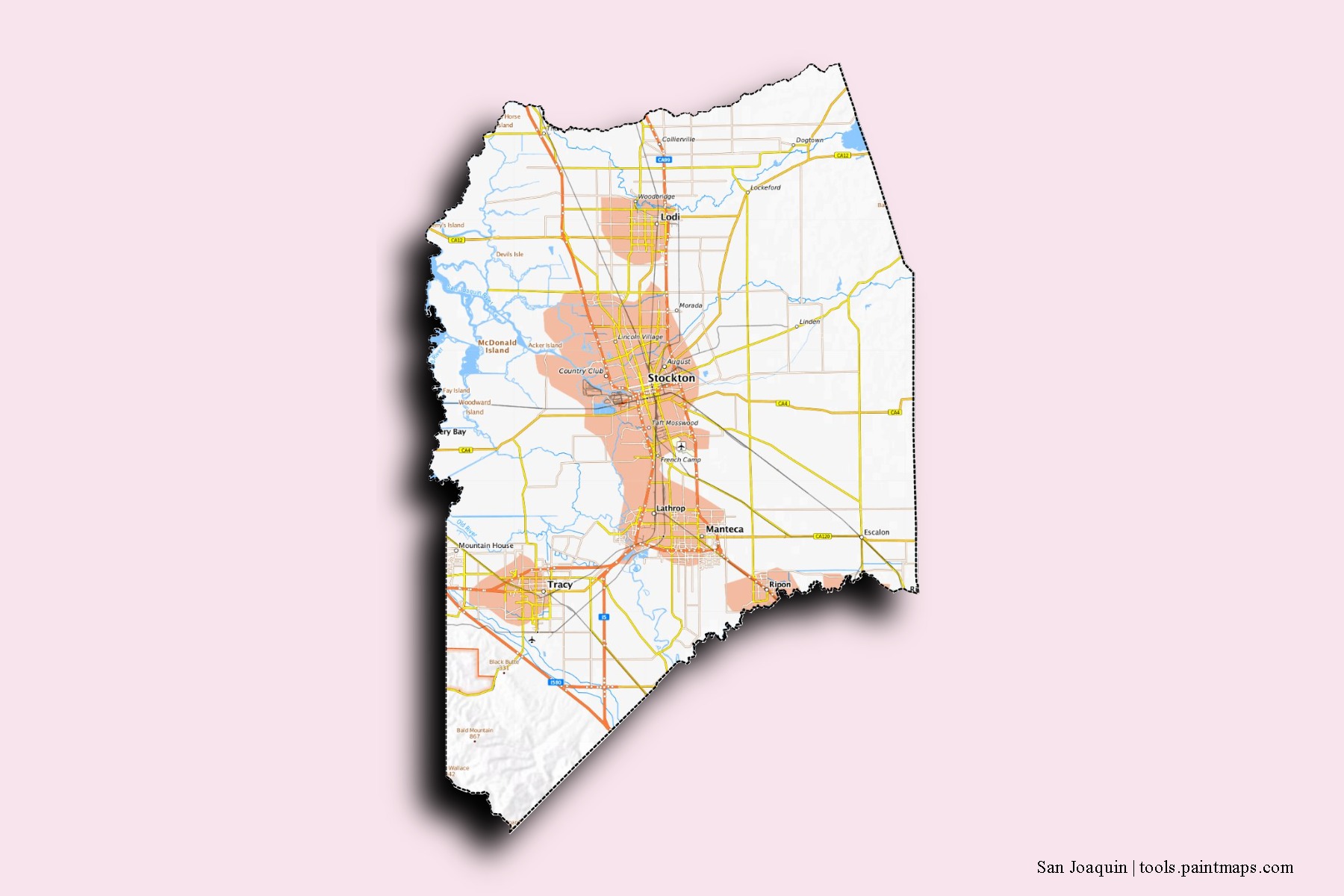 San Joaquin neighborhoods and villages map with 3D shadow effect