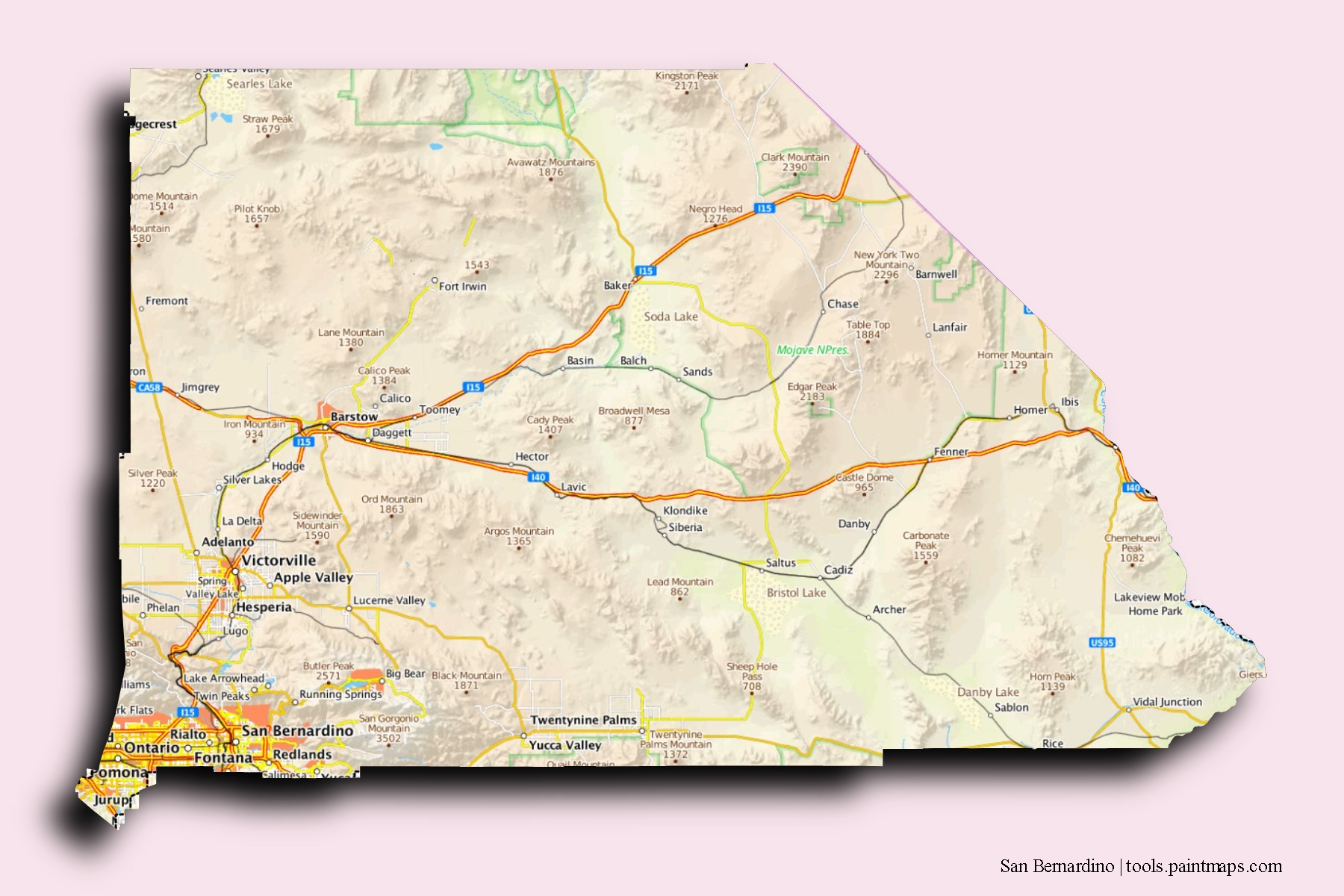 3D gölge efektli Santa Bernardino mahalleleri ve köyleri haritası