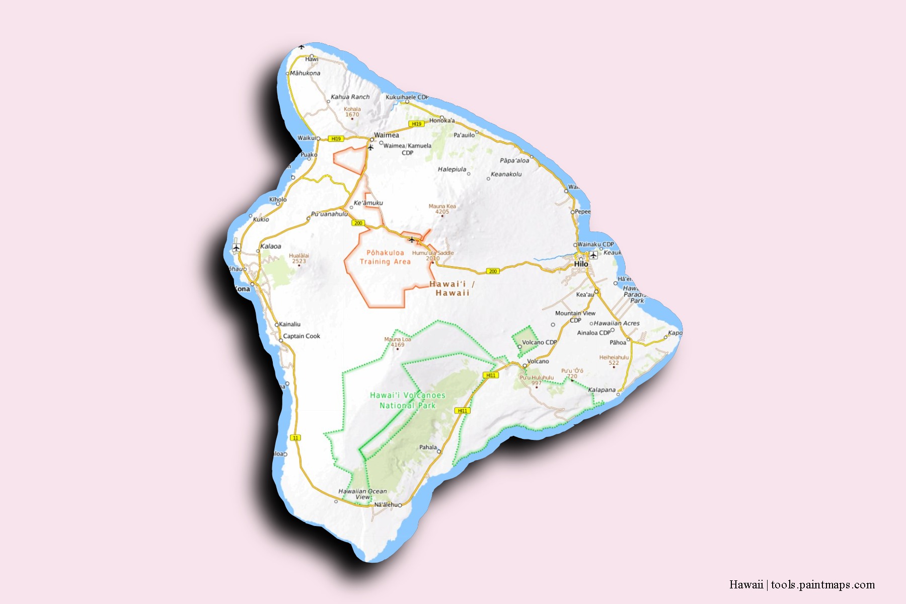 Mapa de barrios y pueblos de Hawaii con efecto de sombra 3D