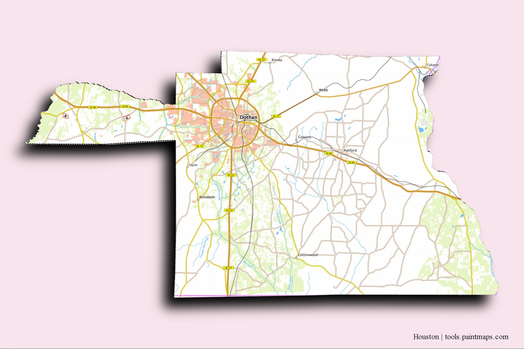 Houston neighborhoods and villages map with 3D shadow effect