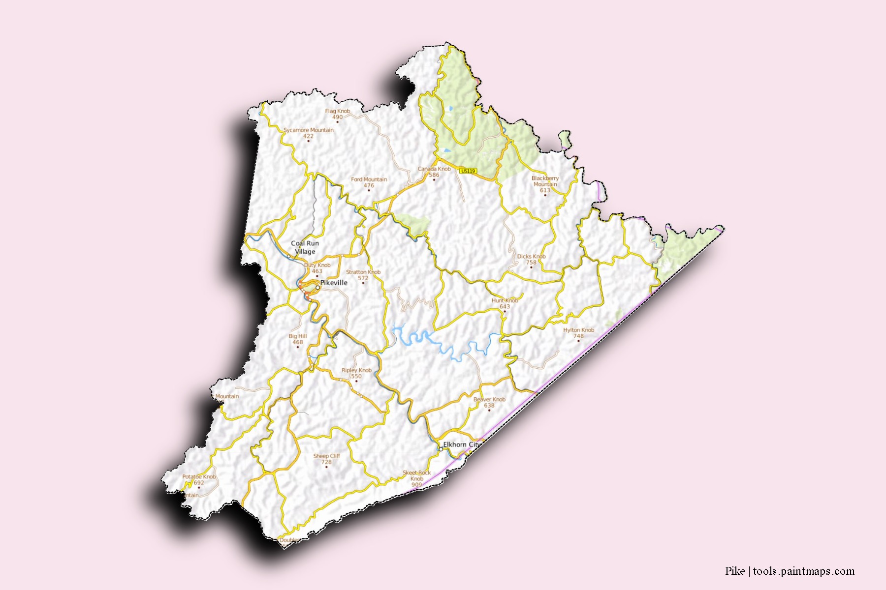 Mapa de barrios y pueblos de Pike con efecto de sombra 3D