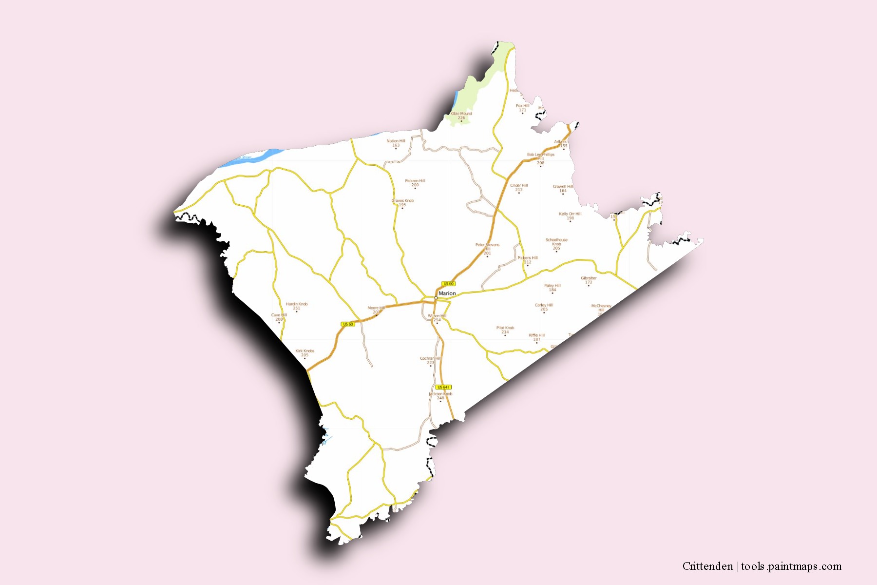 Mapa de barrios y pueblos de Crittenden con efecto de sombra 3D