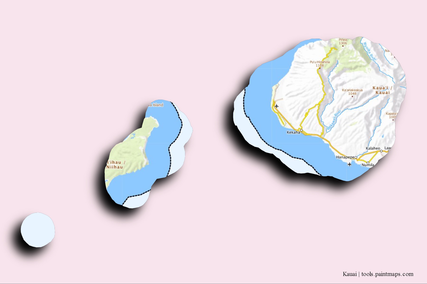 Mapa de barrios y pueblos de Kauai con efecto de sombra 3D