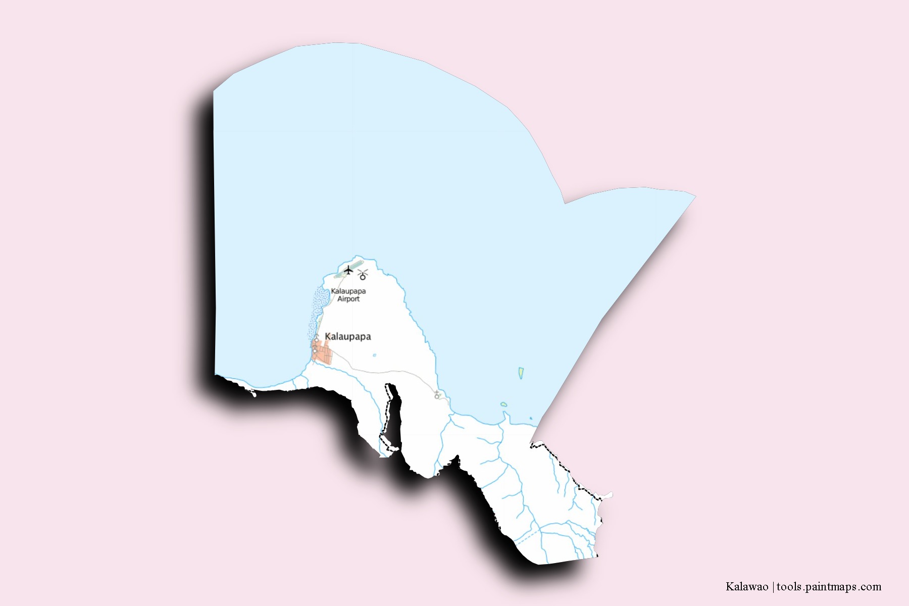 Mapa de barrios y pueblos de Kalawao con efecto de sombra 3D