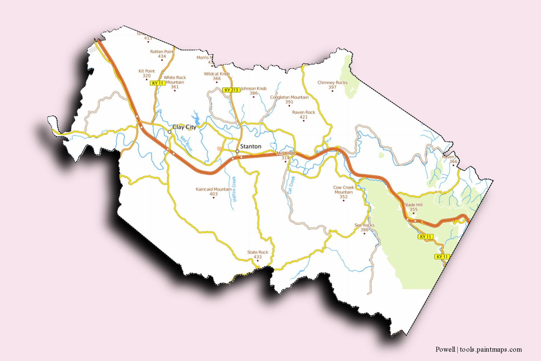 Mapa de barrios y pueblos de Powell con efecto de sombra 3D