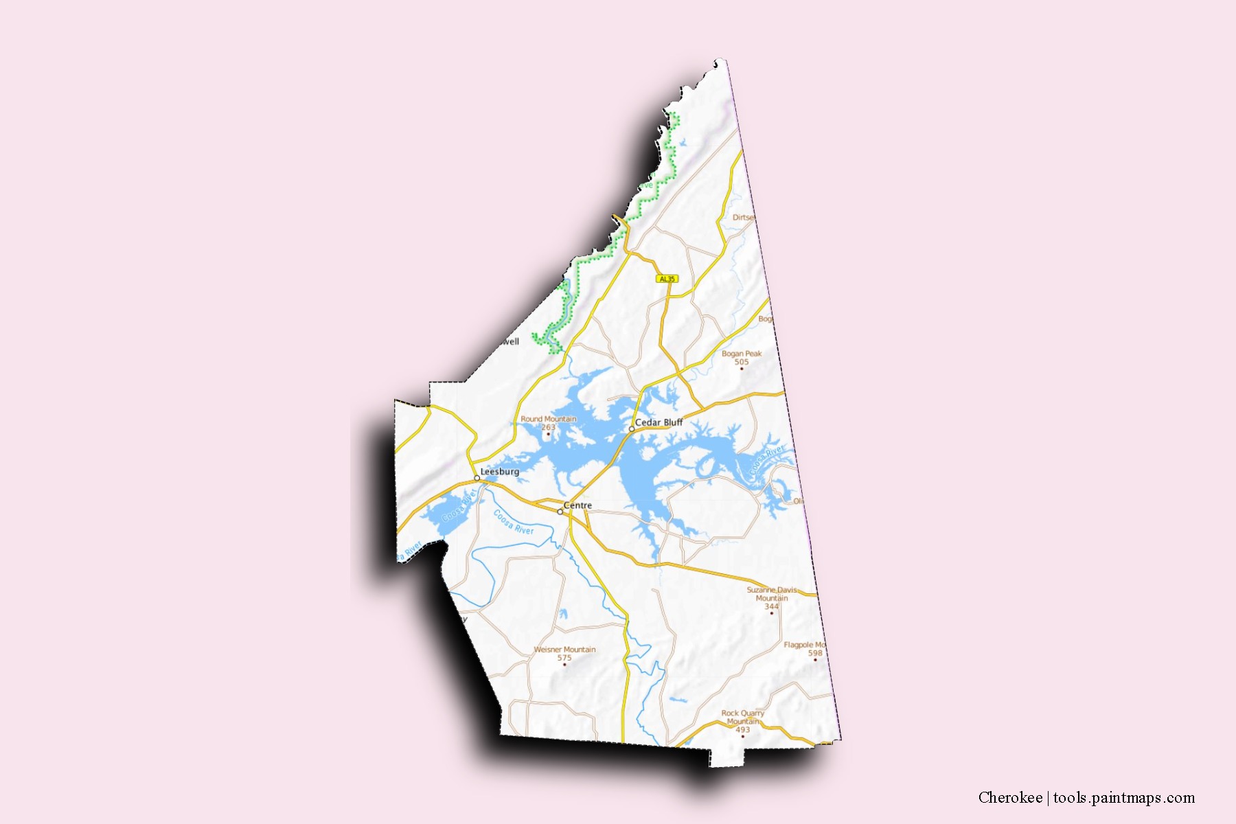 Cherokee neighborhoods and villages map with 3D shadow effect