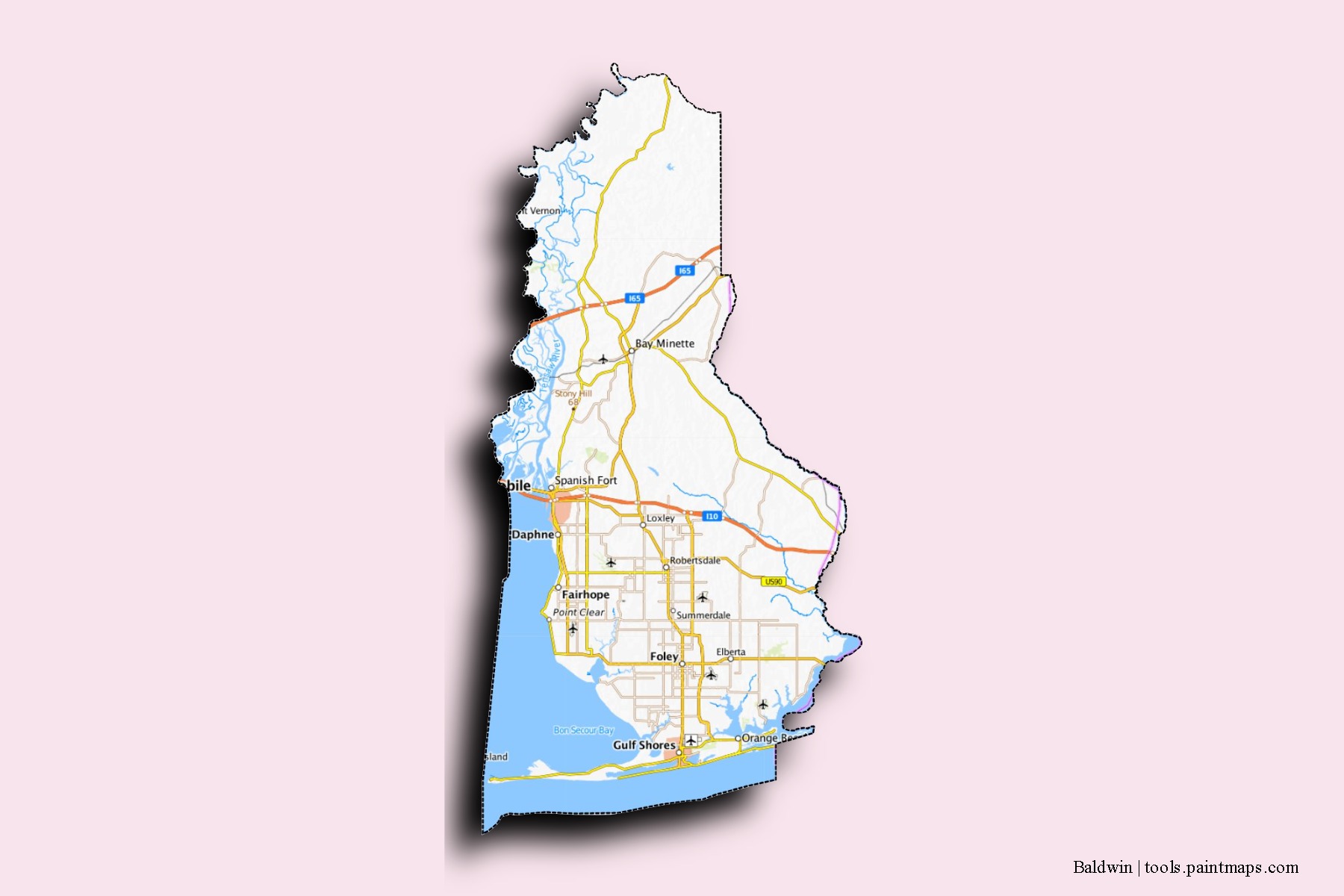 Mapa de barrios y pueblos de Baldwin con efecto de sombra 3D