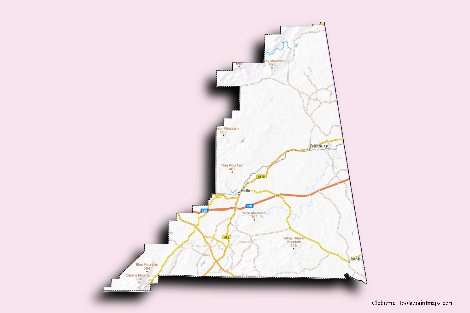 Cleburne neighborhoods and villages map with 3D shadow effect