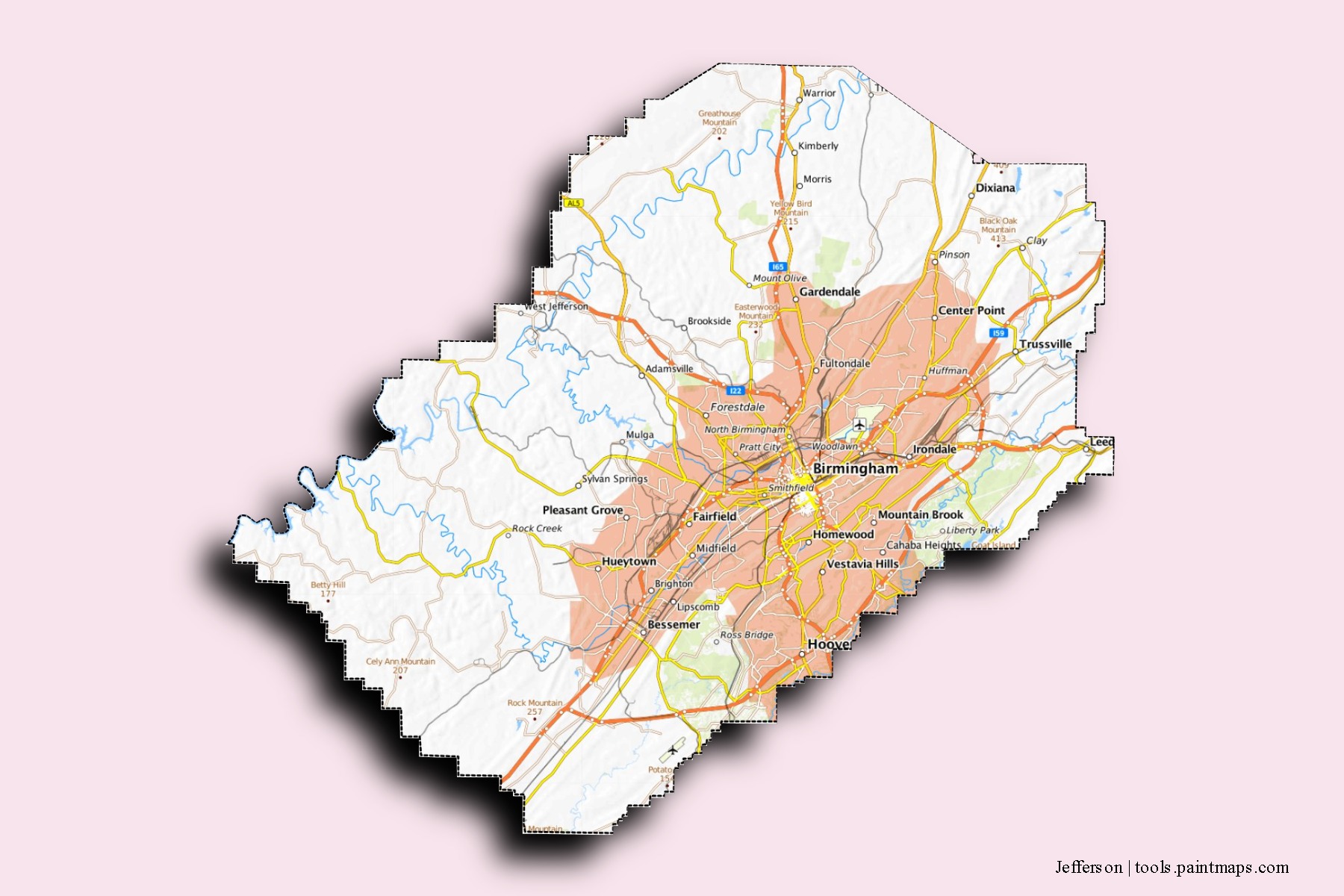 Jefferson neighborhoods and villages map with 3D shadow effect