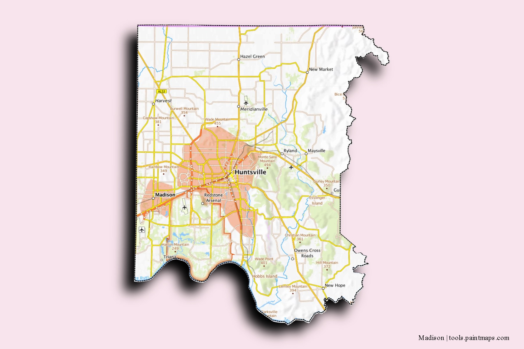Mapa de barrios y pueblos de Madison con efecto de sombra 3D