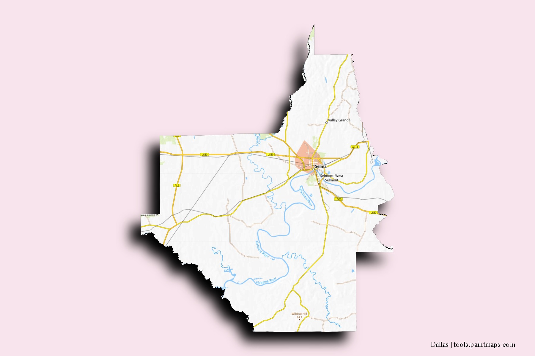 Mapa de barrios y pueblos de Dallas con efecto de sombra 3D