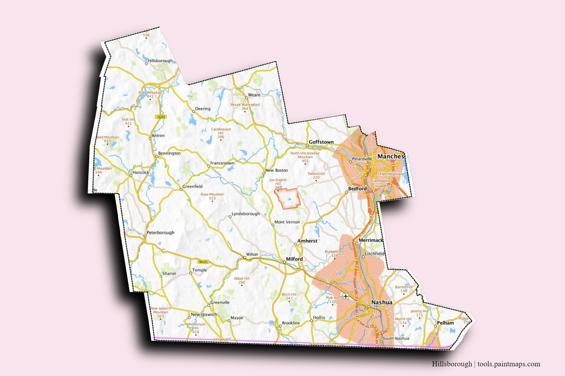 Hillsborough neighborhoods and villages map with 3D shadow effect