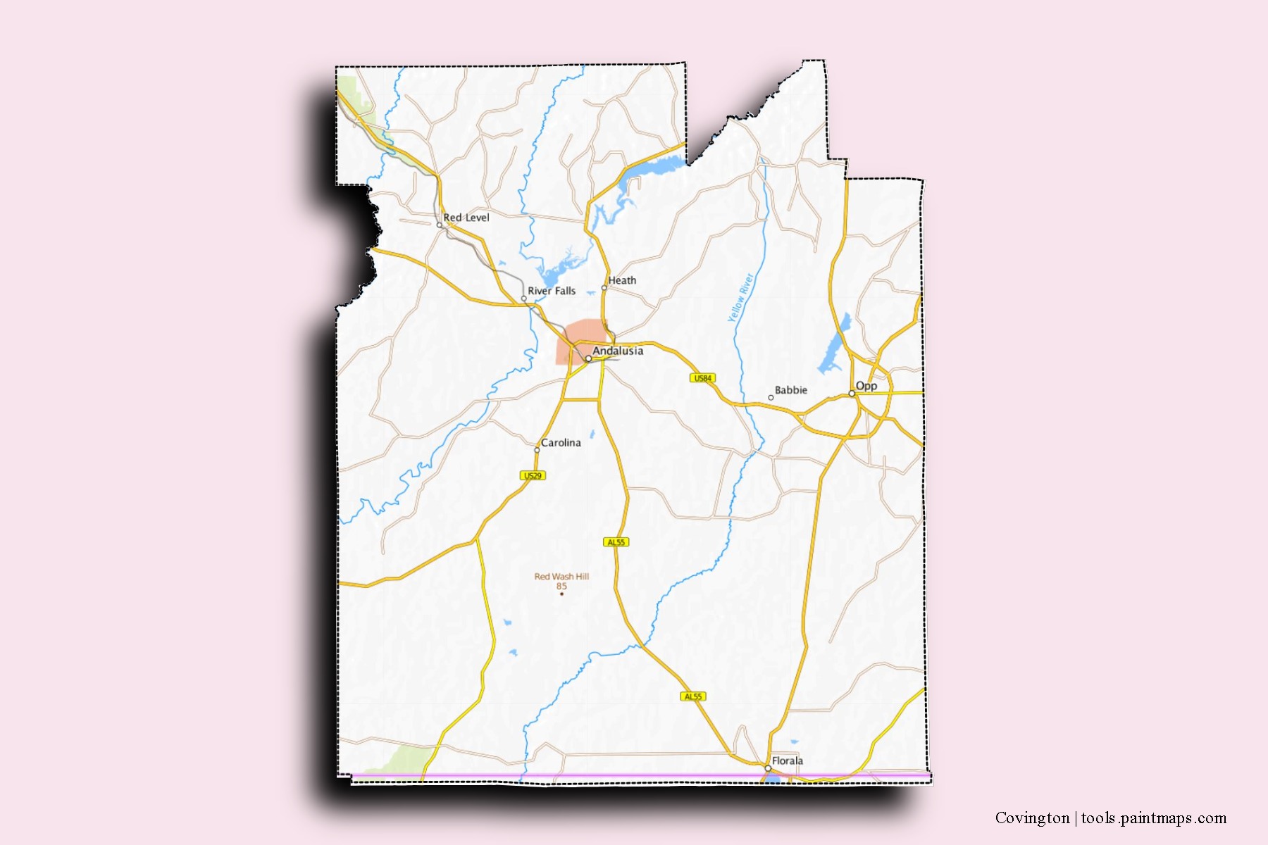 Mapa de barrios y pueblos de Covington con efecto de sombra 3D