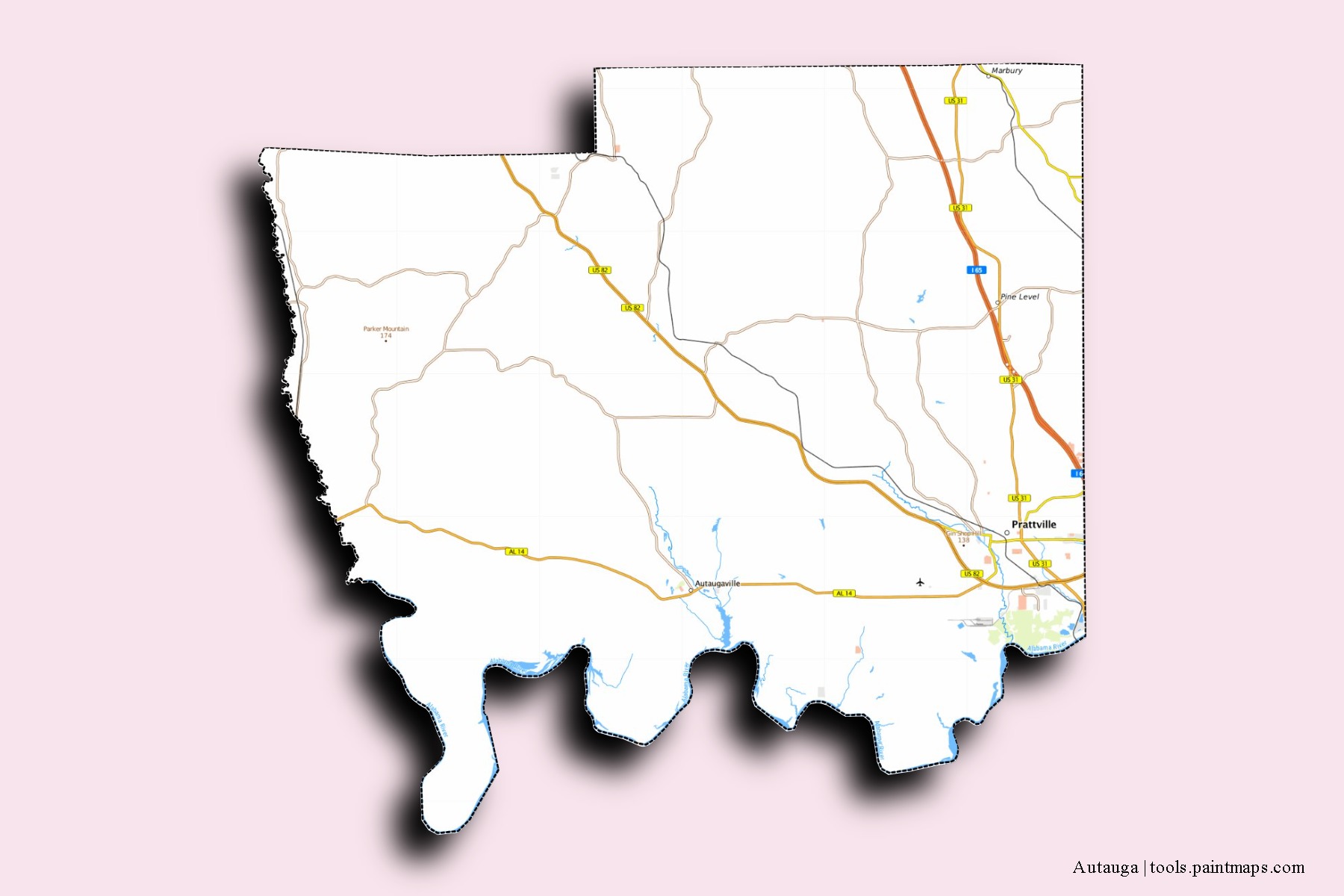 3D gölge efektli Autauga County mahalleleri ve köyleri haritası