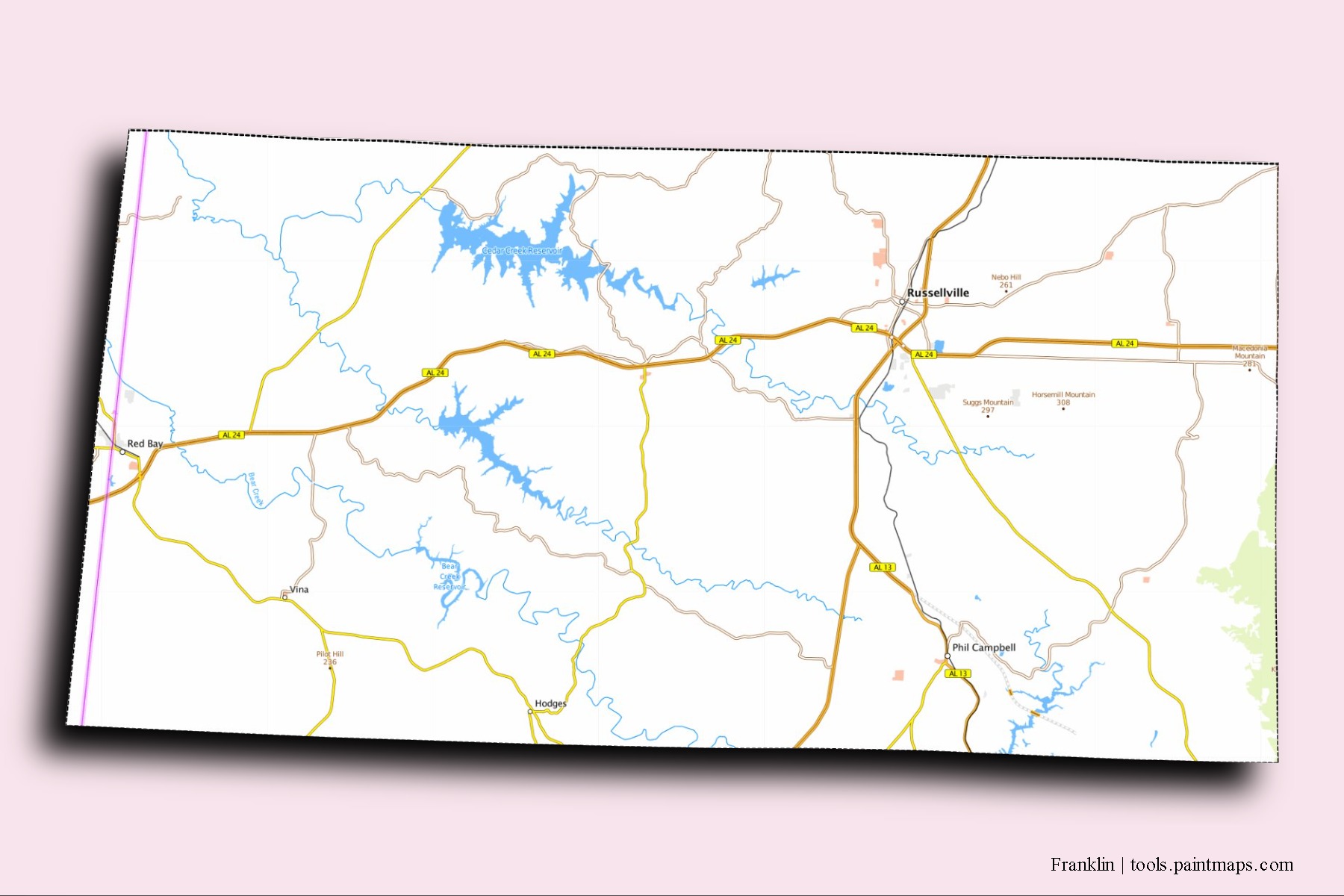 Franklin neighborhoods and villages map with 3D shadow effect