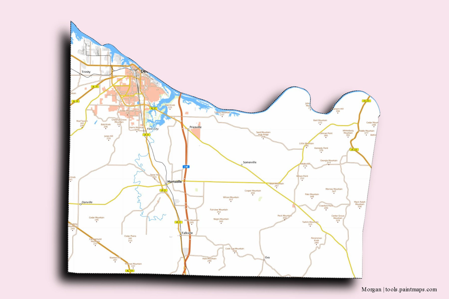 Morgan neighborhoods and villages map with 3D shadow effect