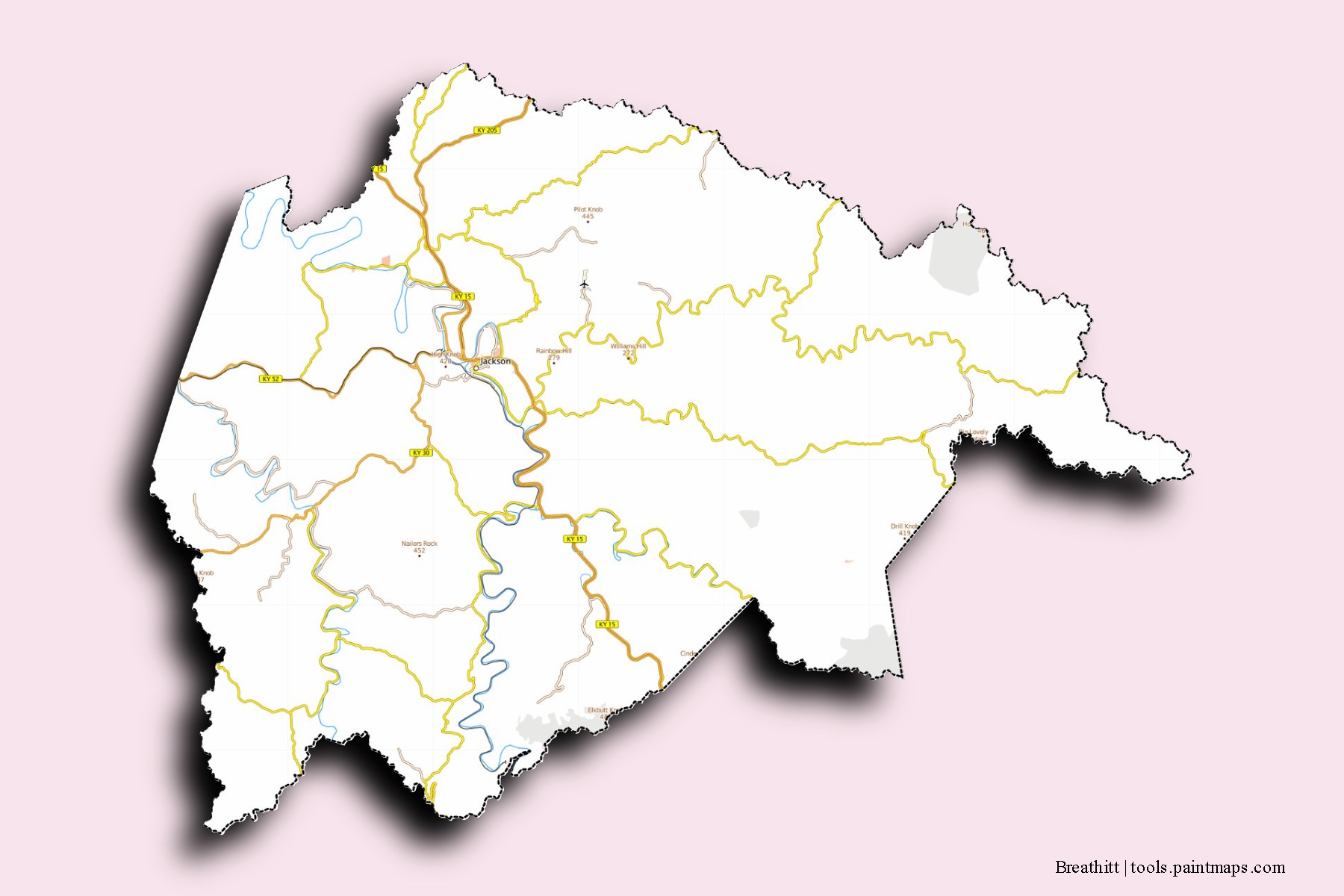 Mapa de barrios y pueblos de Breathitt con efecto de sombra 3D