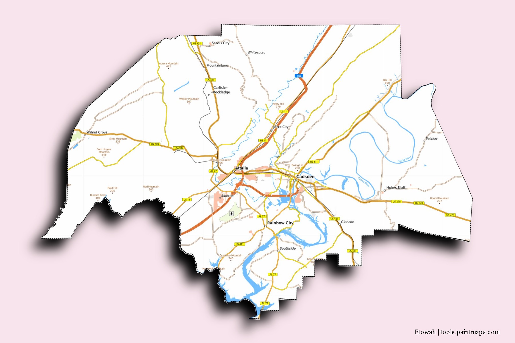 Mapa de barrios y pueblos de Etowah con efecto de sombra 3D