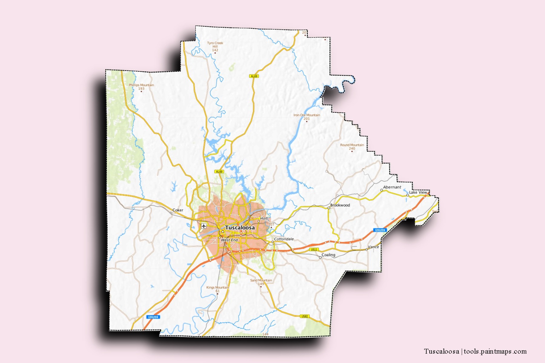 Tuscaloosa neighborhoods and villages map with 3D shadow effect