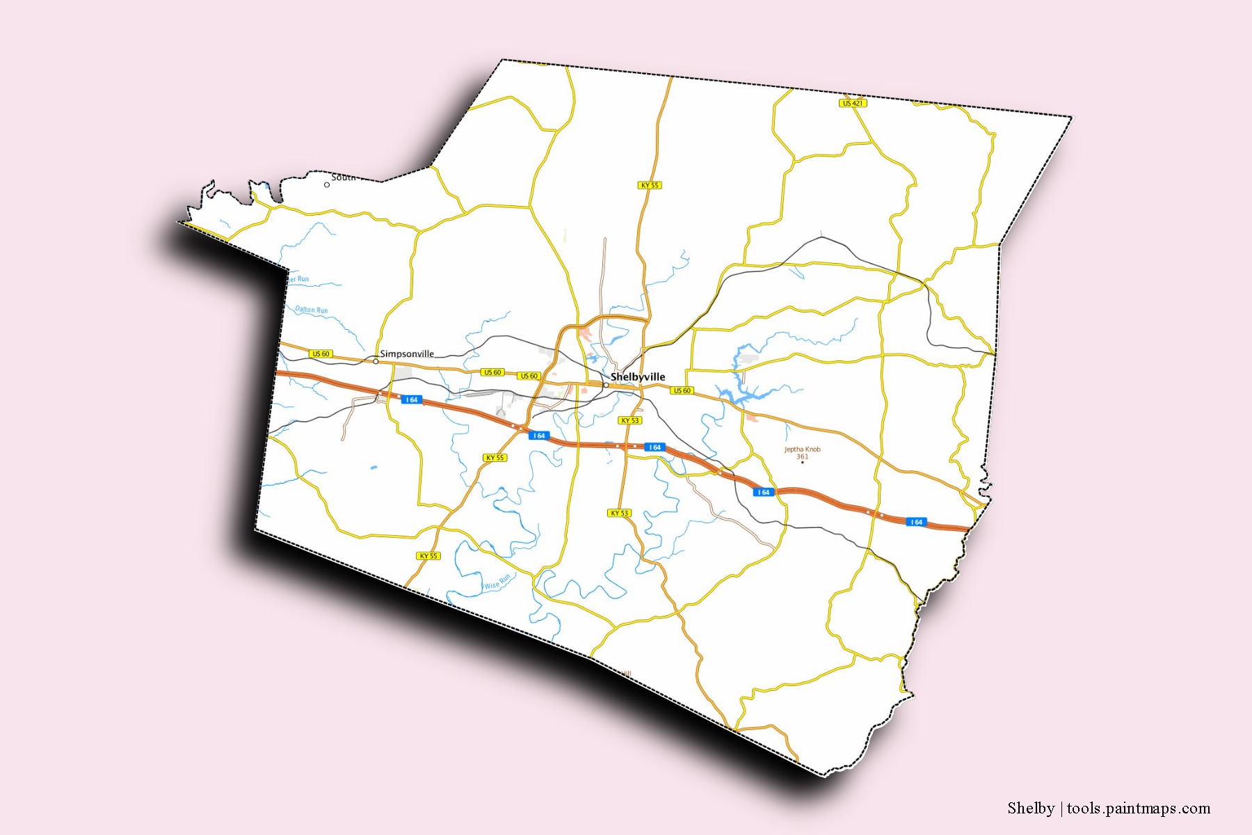 Mapa de barrios y pueblos de Shelby con efecto de sombra 3D