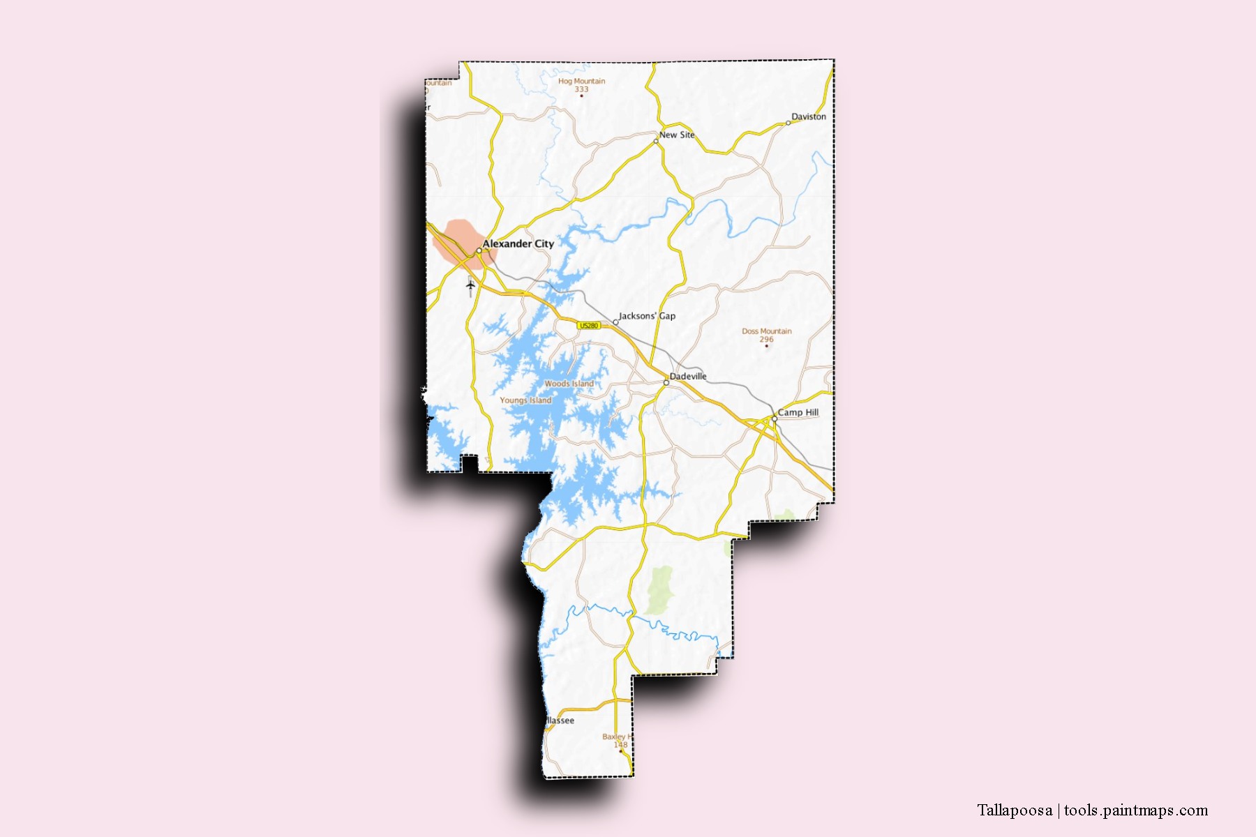 Tallapoosa neighborhoods and villages map with 3D shadow effect